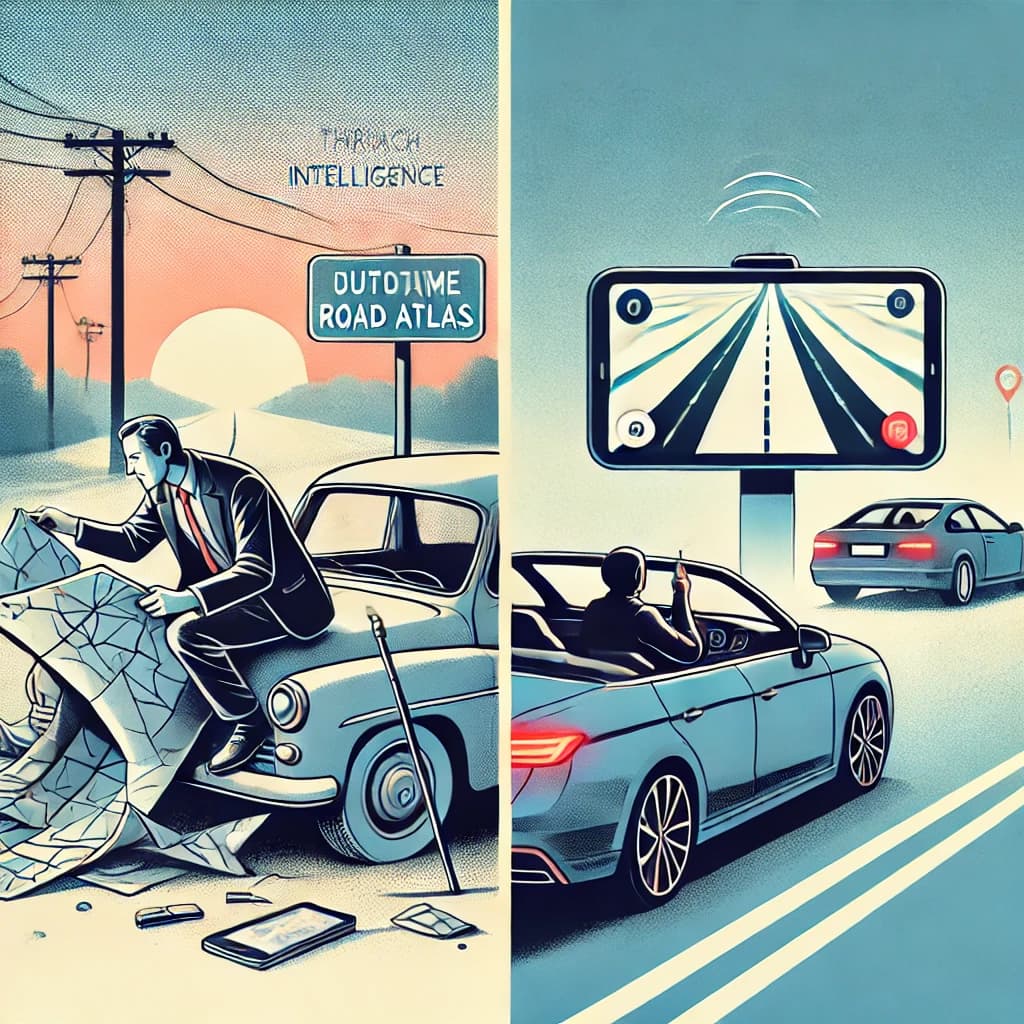 Click to view full size A minimalist digital illustration showing two contrasting scenes with people. On the left, a frustrated traveler sits in an old car, struggling with an atlas. On the right, someone using GPS, simply getting to where they need to go.